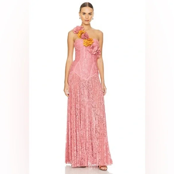 PatBO Hand -Embroidered Lace bustier pink Gown|Rose-One-Shoulder Floral Appliqué - Picture 8 of 8